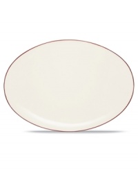 Simple and versatile, the Colorwave Raspberry oval platter is crafted in white stoneware with dark magenta accents. Mix and match this mealtime essential with the rest of the Japanese-inspired collection to create a table that's an expression of your personal taste.