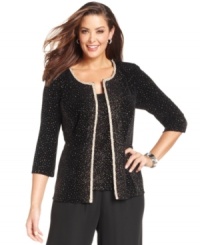 Alex Evenings' plus size jacket and shell guarantee you'll shine with metallic trim and glittery detail throughout.