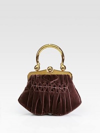 Slim design crafted from pleated velvet with goldtone hardware. Top handle, 5¾ dropClasp closureTwo inside open pocketsSatin lining8W X 7½H X 2¾DMade in Italy