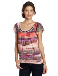 AGB Women's Burnout Top With Flutter Sleeves and Braided Neck Trim