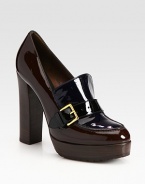 Patent leather wardrobe essential is modernized with contrasting panels and a commanding stacked heel. Stacked heel, 4¾ (120mm)Covered platform, 1 (25mm)Compares to a 3¾ heel (95mm)Patent leather upperLeather liningRubber trek solePadded insoleMade in ItalyOUR FIT MODEL RECOMMENDS ordering true size. 