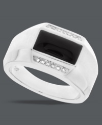 Stay true to your sophisticated side. This stately men's ring features a rectangular onyx stone (2-5/8 ct. t.w.) anchored by two rows of round-cut diamonds (1/8 ct. t.w.). Set in sterling silver. Size 10-1/2.