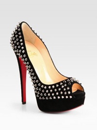 EXCLUSIVELY AT SAKS. Metal studs add downtown-chic vibes to this timeless suede platform pump. Self-covered heel, 5½ (140mm)Covered platform, 1½ (40mm)Compares to a 4 heel (100mm)Studded suede upperPeep toeLeather liningSignature red leather solePadded insoleMade in ItalyOUR FIT MODEL RECOMMENDS ordering one half size up as this style runs small. 