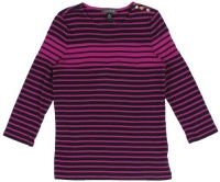 Lauren Ralph Lauren Women's 3/4 Sleeve Striped Button-Shoulder Crewneck Top (Capri Navy/Pink Ruby)