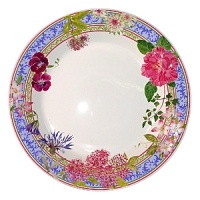 Millefleurs was inspired by flowers in a European garden as well as antique tableware. Its delicate renderings of pansies, roses, and thistles are blended with a vintage border in a contemporary color palette. Sophisticated, yet fresh and youthful. Dishwasher and microwave safe (for reheating only).