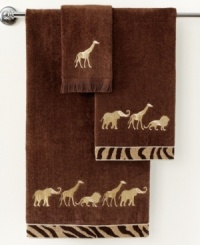 Embroidered animals in metallic gold embellish this Animal Parade fingertip towel, featuring coordinating cheetah chenille trim for a chic, safari-inspired look.