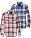 Modern details on these traditional plaid shirts from Guess balance your crisp look.