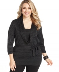 Tie up a chic fall/winter look with AGB's cowlneck plus size sweater, cinched by a belted waist.