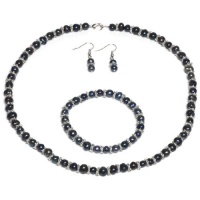 Black Freshwater Genuine Pearl Necklace Bracelet Earrings Set 18