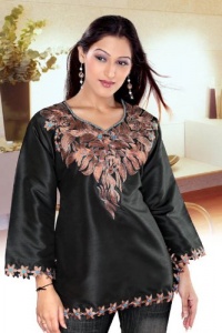 Black long sleeves Art silk Kurti/Tunic with embroidered neckline