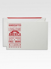 To America, with love. Nostalgia in the form of patriotic posters with iconic typography graces this set of 10 flat cards.Set of 10 cards and envelopesApprox. 4¼ X 6 Made in USA