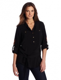 Calvin Klein Women's Solid Roll Sleeve Henley, Black, Large