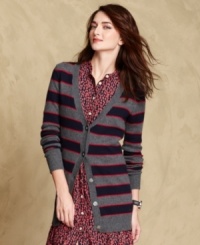 Tommy Hilfiger's long striped cardigan is a versatile must-have to layer throughout the season. Create a quirky pairing with a contrasting-print dress!