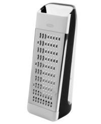 Your space is greater with this grater! Skip the mess & head straight to easy prep with this 2-in-1 container grater. Extra-sharp bi-directional stainless steel blades expertly slice, dice and shred zucchini, carrots, cheese, chocolate and more, which then fall into the built-in container with easy-to-read measurement markings, so your countertop stays clean and precision is always a given.