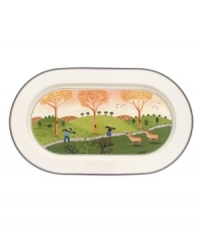 Depicting a quaint pastoral scene, the Design Naif oval platter recalls a simpler era in premium Villeroy & Boch porcelain.