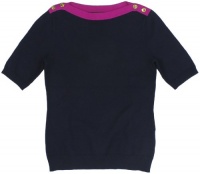 Lauren Ralph Lauren Women's Short-Sleeve Button-Shoulder Boatneck Sweater Top (Capri Navy/Pink Ruby)