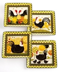 Cute chicken and check patterns on Oh Happy Day dinner plates promise to make every meal sunny and bright. Easy-care earthenware adds to the appeal of charming country dinnerware from Certified International.