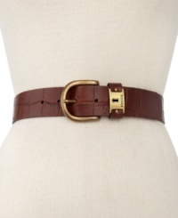 Rock this croc-embossed leather belt from Fossil, featuring a signature-embossed keeper and brass-tone buckle. Pair it with your favorite cardigan or chic sweater dress.