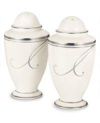 Fluid platinum scrolls glide freely throughout these beautiful fine china salt and pepper shakers from Noritake. Easy to match with any decor, the fresh and elegant Platinum Wave collection of dinnerware and dishes is a timeless look for fine dining or luxurious everyday meals.