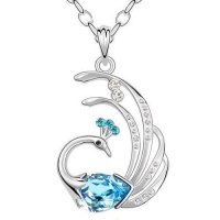 Contessa Bella Fancy Genuine 18k White Gold Plated Large Aqua Blue Teal and Clear Swarovski Austrian Crystal Elements Peacock Bird Charm Pendant 24 Inch Long Necklace Elegant Silver Color Crystal Fashion Jewelry