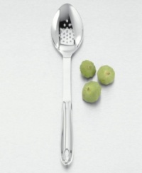 A must-have basic for any well-appointed kitchen. Use this slotted spoon to easily taste test pastas and veggies or as a sleek server. Hand-forged in 18/10 stainless steel with an ergonomic design and All-Clad's commitment to quality craftsmanship. Dishwasher safe. Carries All-Clad's 1-year limited warranty against defects. Not recommended for use with nonstick cookware.