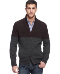 Bold colorblocking gives this mock-neck cardigan from Kenneth Cole Reaction style from top to bottom.