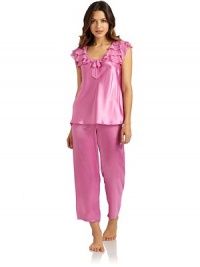 THE LOOKTiers of chiffon ruffles adorn the yoke and cap sleevesV-neck with center chiffon bowSatin bodySatin drawstring waist pajama pantsTHE FITTop: about 25 from shoulder to hemPants: rise, about 10; inseam, about 26THE MATERIALPolyesterCARE & ORIGINMachine washImported