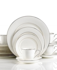 For nearly 150 years, Lenox has been renowned throughout the world as a premier designer and manufacturer of fine china. The simple and classic Hannah Platinum pattern brings a timeless refinement to your formal entertaining table, in pure white bone china embossed with a subtle palmetto-leaf design, and banded in platinum. Set includes 4 dinner plates, 4 salad plates, 4 bread and butter plates, 4 tea cups and 4 saucers.