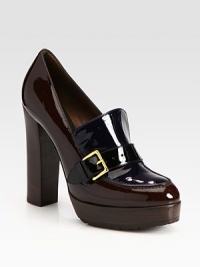 Patent leather wardrobe essential is modernized with contrasting panels and a commanding stacked heel. Stacked heel, 4¾ (120mm)Covered platform, 1 (25mm)Compares to a 3¾ heel (95mm)Patent leather upperLeather liningRubber trek solePadded insoleMade in ItalyOUR FIT MODEL RECOMMENDS ordering true size. 