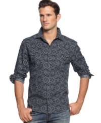 Lay the foundation for cool summer style with this tile print shirt from Sons of Intrigue.