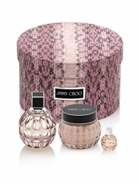 Reveal the glamorous seductress in you with this elegant Jimmy Choo gift set that includes a selection of Jimmy Choo treasures: a 3.3 oz. Eau de Parfum, 5 oz. Perfumed Body Cream, and a 0.15 oz. Eau de Parfum miniature. 