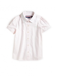 Soft stripes on cool cotton, with a button front silhouette and charming floral lined collar.Button front Short puffed sleeves Button front Embroidered whale logo Cotton; machine wash ImportedPlease note: Number of buttons may vary depending on size ordered. 