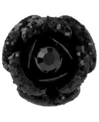 Moody roses from Betsey Johnson. This stretch cocktail ring brings dark shine with black glitter and glass crystals. Crafted in antiqued gold tone mixed metal. Ring stretches to fit finger.