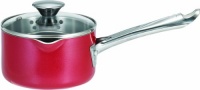 WearEver A8272164 Cook and Strain Nonstick Stainless Steel Handle Red Metallic Exterior 1.2-Quart Source Pan with Glass Lid Cookware, Red