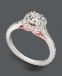 Take her breath away. Blush by Design's stunning engagement ring features a certified, round-cut diamond (1 ct. t.w.) surrounded by diamond accents. Intricate setting crafted in 14k white gold and 14k rose gold.