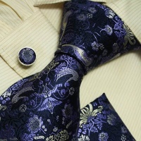 Designer Inspired Blue White Paisleys 100% Jacquard Woven Silk Tie Hanky Mens Purple Pattern Necktie and Cuff Links Cufflinks and Handkerchiefs Set with Presentation Box H5034