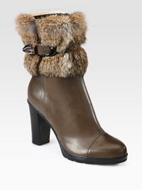 Must-have winter staple constructed of Italian leather with luxurious rabbit fur trim and a tall stacked heel. Stacked heel, 3½ (90mm)Leather-covered platform, ½ (15mm)Compares to a 3 heel (75mm)Weatherproof leather upper with rabbit furInside zip with leather adjustable buckle strapBreathable microfiber liningSlip resistant rubber trek solePadded insoleMade in Italy