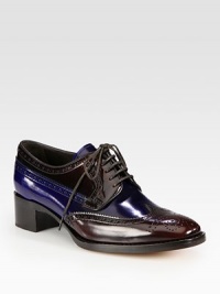 Two-tone spazzolato lace-up silhouette with wingtip detail and a stacked heel. Stacked heel, 1½ (40mm)Spazzolato upperLeather lining and soleMade in Italy