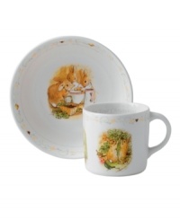 Colorful illustrations from Beatrix Potter's classic tale of Peter Rabbit make this nostalgic dinnerware set a beautiful gift for and reminder of his or her christening. Bowl and mug inscribed with, For Your Christening.