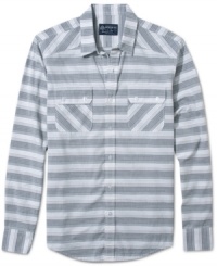 Spinning off axis: To make a long-sleeved shirt look out of the ordinary, American Rag skews shirting stripes to the horizontal.