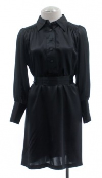 Halston Heritage Black Silk Button Front Long Sleeve Shirt Dress 2