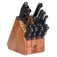 Set includes: 2 3/4 Peeler, 2 3/4 Parer/Boner, 4 Parer/Utility Knife, 5 Serrated/Utility Knife, 5 Santoku Hollow Edge, 8 Chef's Knife, 8 Bread Knife, 8 Steak Knives, 9 Steel, Twin L Kitchen Shear and Jumbo Block. If purchased separately, 882.00