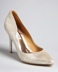 A brushed metallic suede dresses up these Badgley Mischka pointed toe pumps for an unforgettable night out.