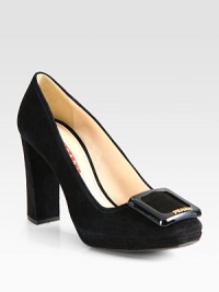 Suede platform pump with buckle and logo detail. Self-covered heel, 3½ (90mm)Covered platform, ½ (15mm)Compares to a 3 heel (75mm)Suede upperLeather liningRubber solePadded insoleImportedOUR FIT MODEL RECOMMENDS ordering one half size up as this style runs small. 