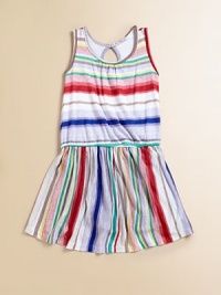 A sunny, striped style that looks like a dress but has attached shorts underneath.SleevelessElasticized waistFlirty skirtBack keyholeRayonHand washMade in USA