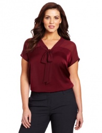 DKNYC Women's Plus-Size Sleeveless V-Neck Bow Blouse, Pomegranate, 1X