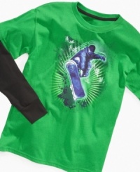 Snowboards are rad and snowboarding gnarly. Champion has his back with this wicked layered style slider t-shirt.