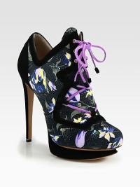 A floral print and bright laces freshen this on-trend ankle boot in canvas with lush suede accents. Suede-covered heel, 5¼ (130mm)Suede-covered island platform, ¾ (20mm)Compares to a 4½ heel (115mm)Canvas and suede upperLeather lining and solePadded insoleMade in Italy