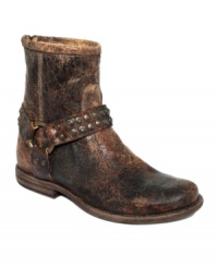 Distressed leather gives Frye's Phillip booties a unique look. The stud and harness detail at the ankle provides the perfect amount of trendy decoration.