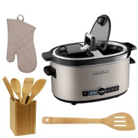 Kitchen Aid KSC6222SS 6 Quart Slow Cooker w/ Easy Serve Lid Stainless Steel + Tool Set 5 Piece Bamboo Finish (Fork, Spoon, Spatula) + Accessory Kit